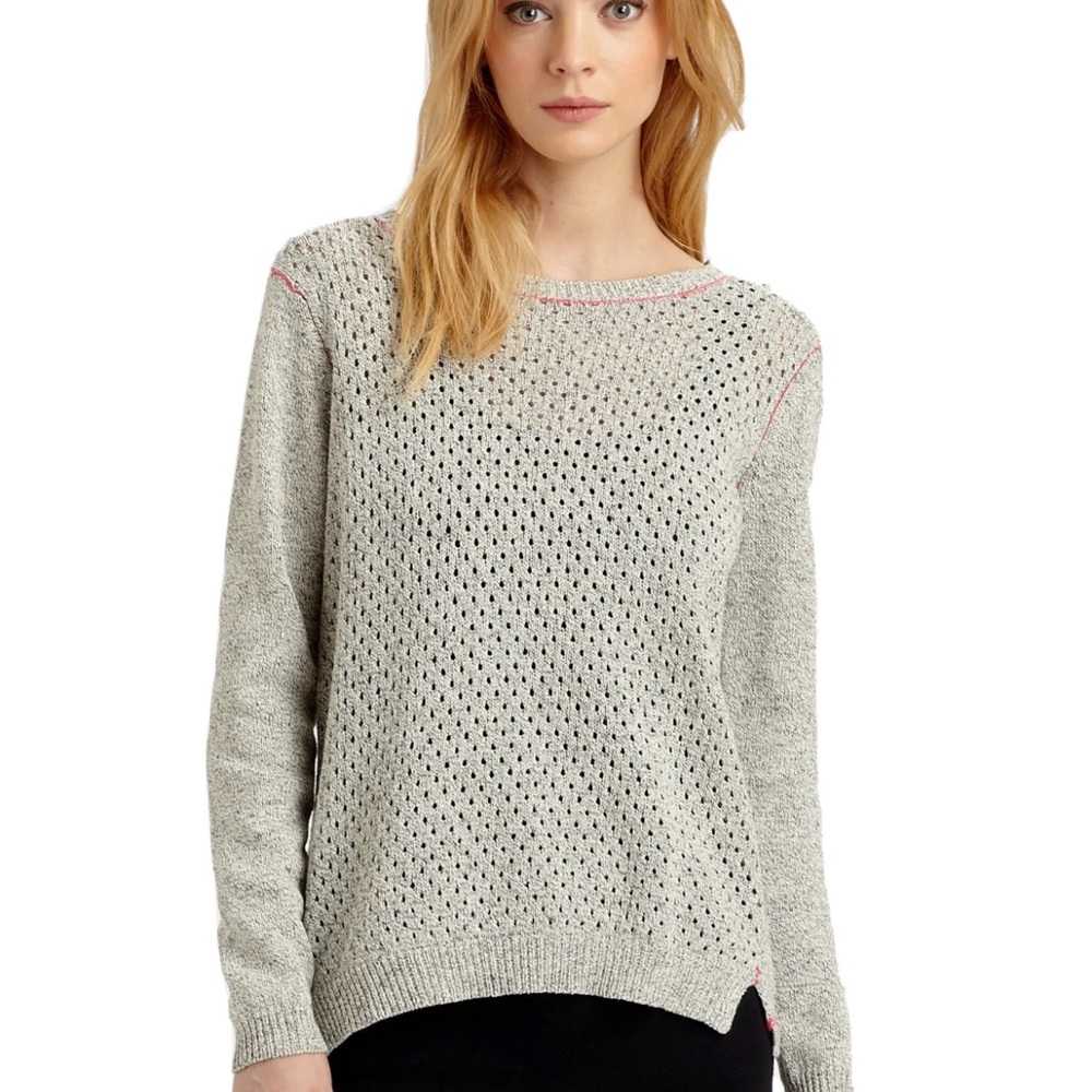 Rebecca Taylor~Women’s M Gray Linen Blend Open Knit L/S Wrap Back Sweater